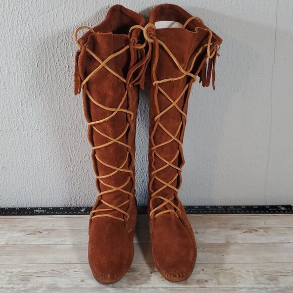 Vintage Minnetonka Front Lace Knee High Hippie Fringe Boots Suede‎ Size 7 - Picture 8 of 8
